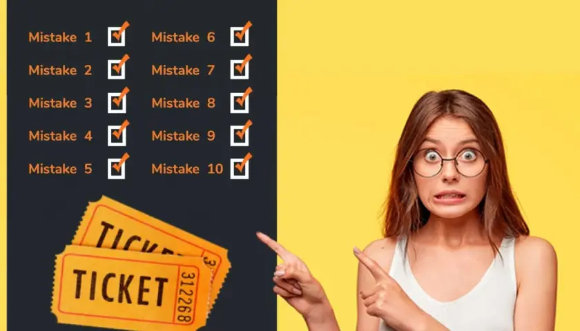 Woman points to a list of mistakes and raffle tickets, illustrating how to sell raffle tickets effectively.
