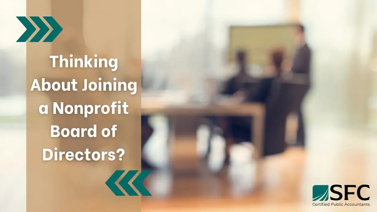 Considering serving on board of directors? This image shows a blurred background of people in a meeting, with text asking "Thinking About Joining a Nonprofit Board of Directors?".
