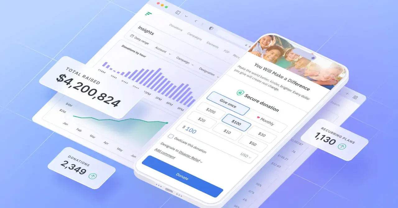 A digital interface showing a successful vertical raise fundraising campaign with $4.2M total raised and 2,349 donations.