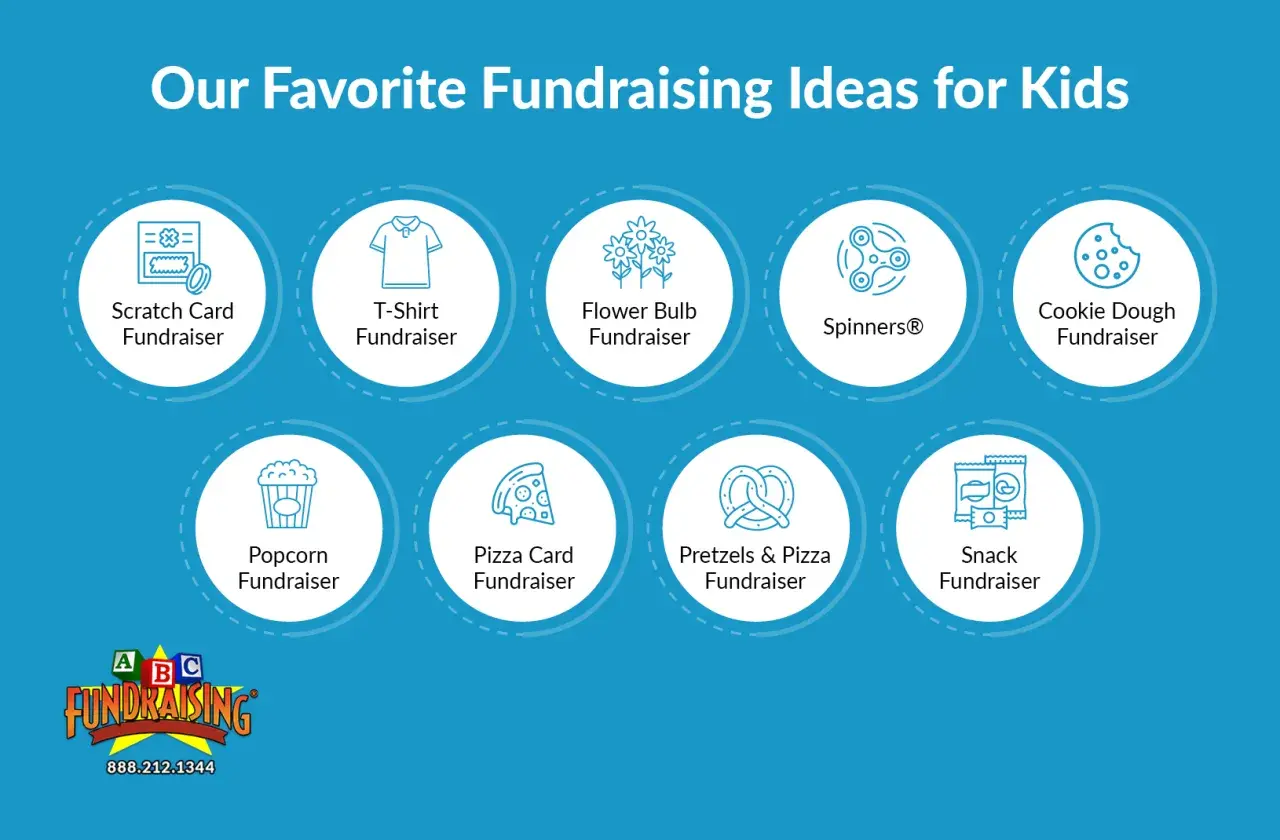 Discover free fundraising ideas for kids: scratch cards, t-shirts, flower bulbs, spinners, cookie dough, popcorn, pizza, pretzels, and snacks.