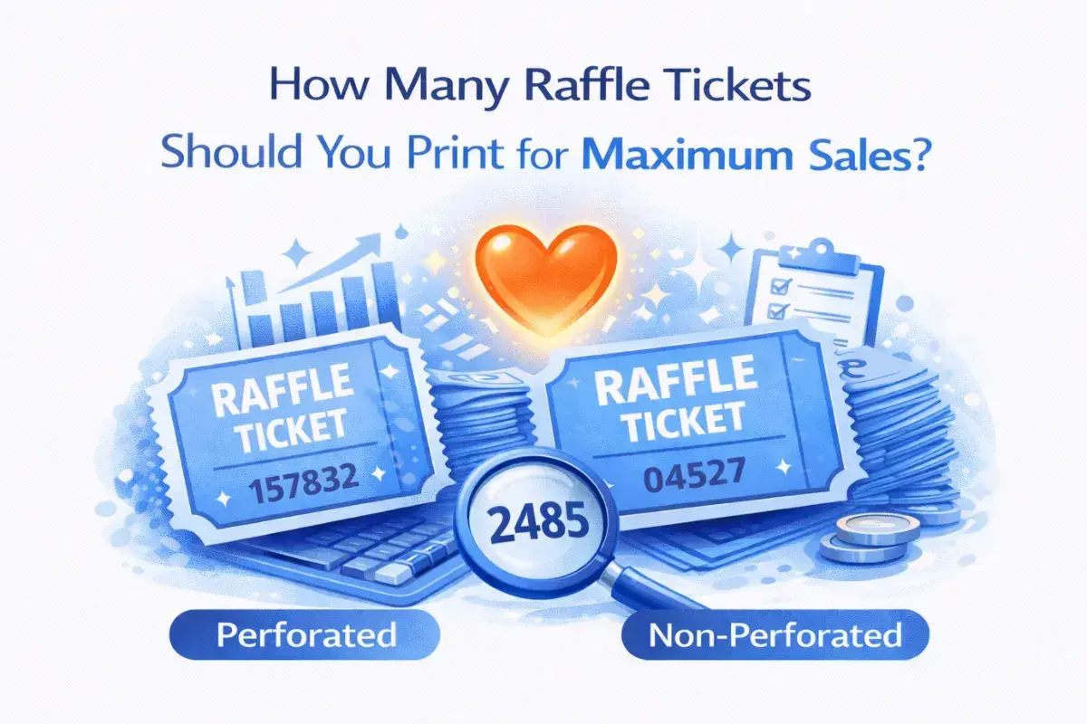 Illustration about maximizing sales for fundraising raffles, showing perforated and non-perforated tickets, a calculator, and coins.
