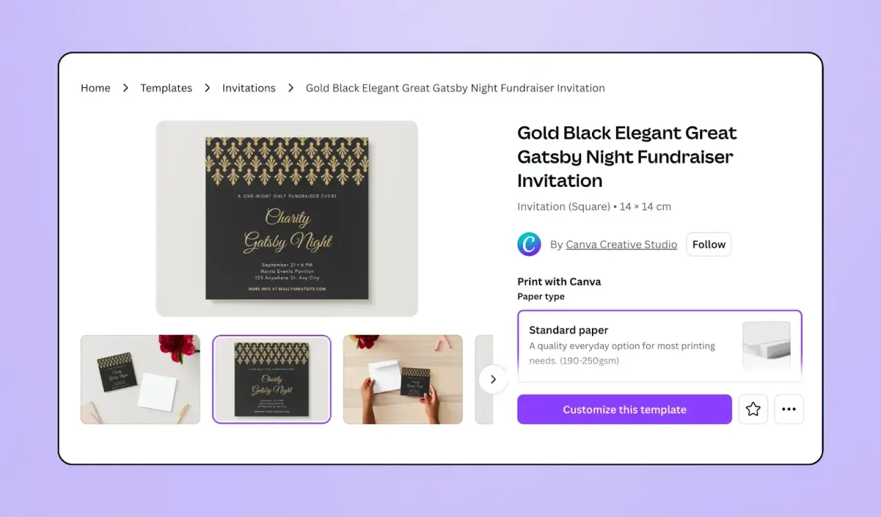 Gold Black Elegant Great Gatsby Night fundraiser invitation template. Perfect for your next charity event!