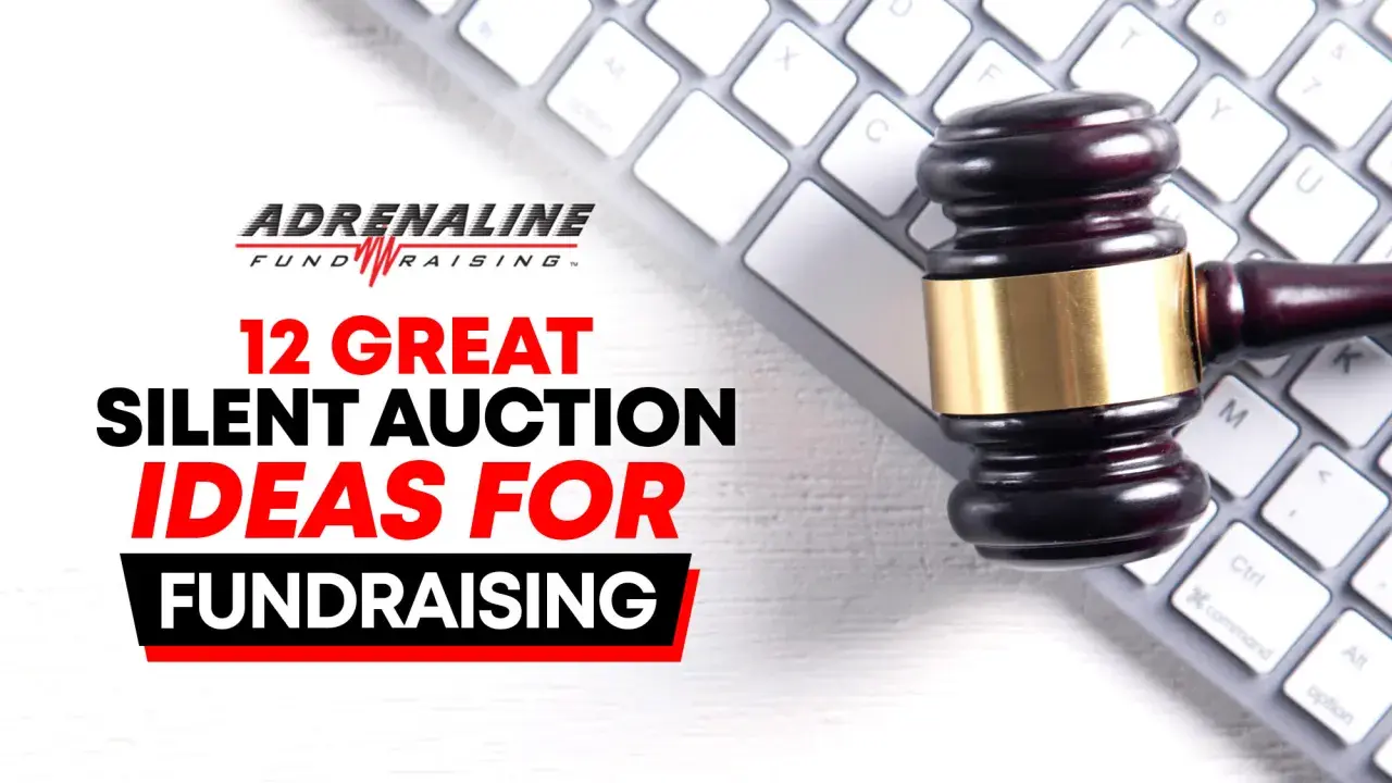 Gavel on a keyboard, with text "12 Great Silent Auction Ideas for Fundraising.
