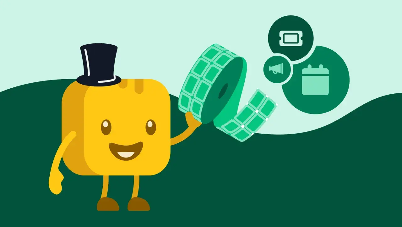A cheerful yellow character in a top hat holds a roll of tickets, ready for a reverse raffle event. Icons for a ticket, megaphone, and calendar are nearby.
