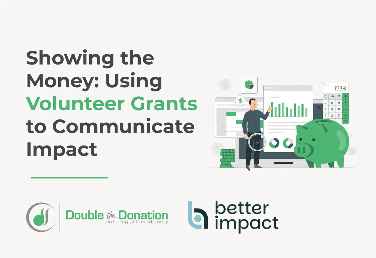 Illustration showing a man analyzing financial data, a piggy bank, and a calculator, symbolizing managing volunteers and communicating impact through volunteer grants.