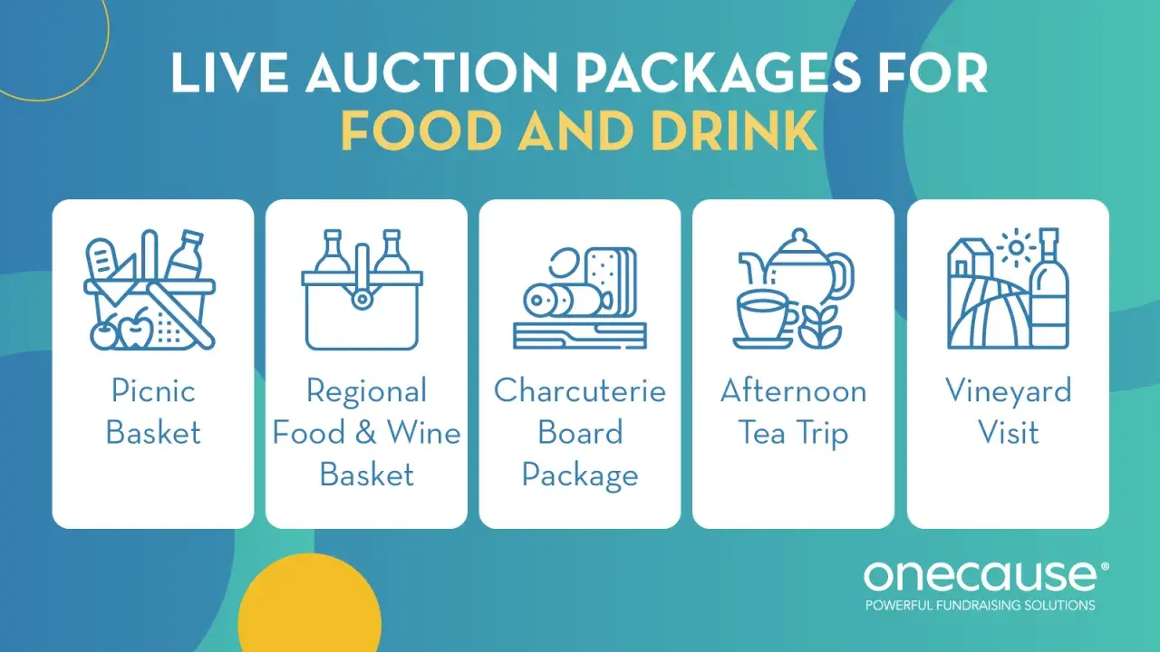 Live auction packages for food and drink: picnic basket, regional food & wine basket, charcuterie board, afternoon tea trip, and vineyard visit.