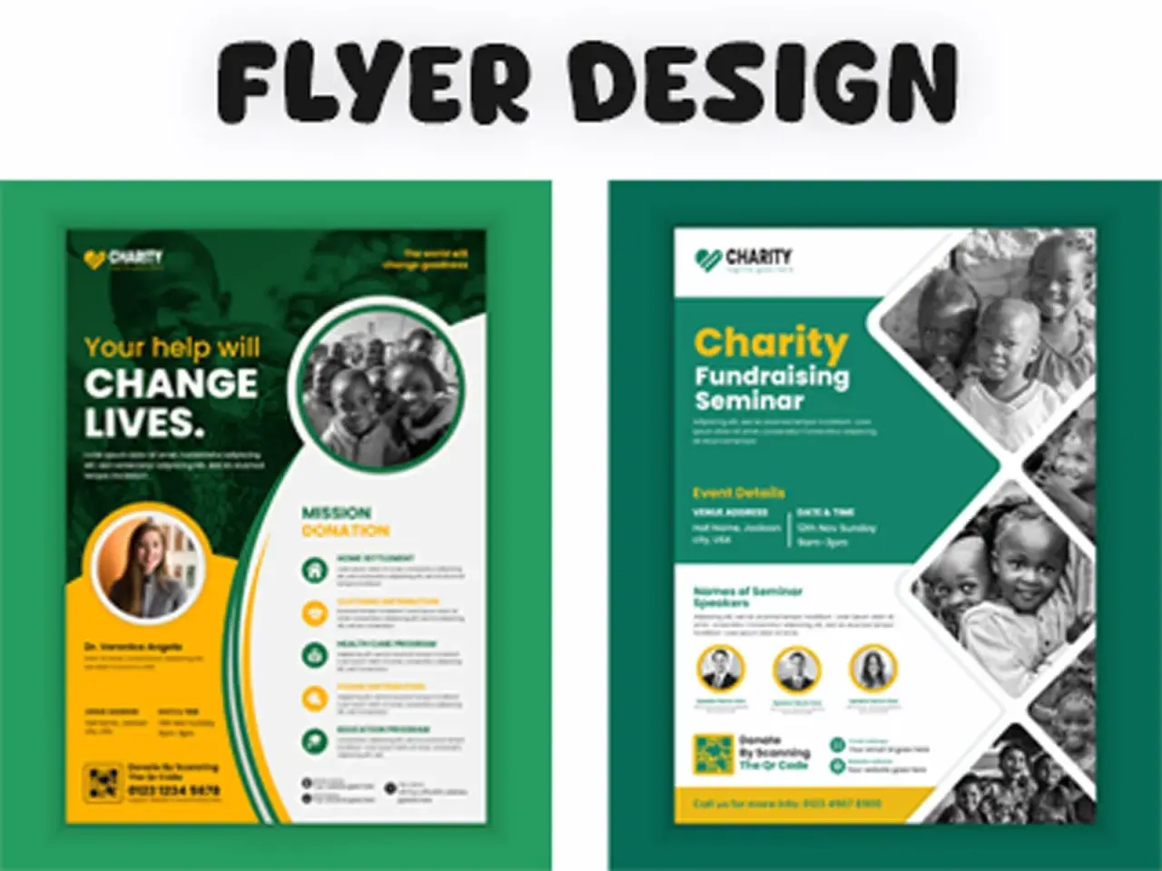 Two charity fundraiser flyer designs featuring children's faces and calls to action for donations and seminars.