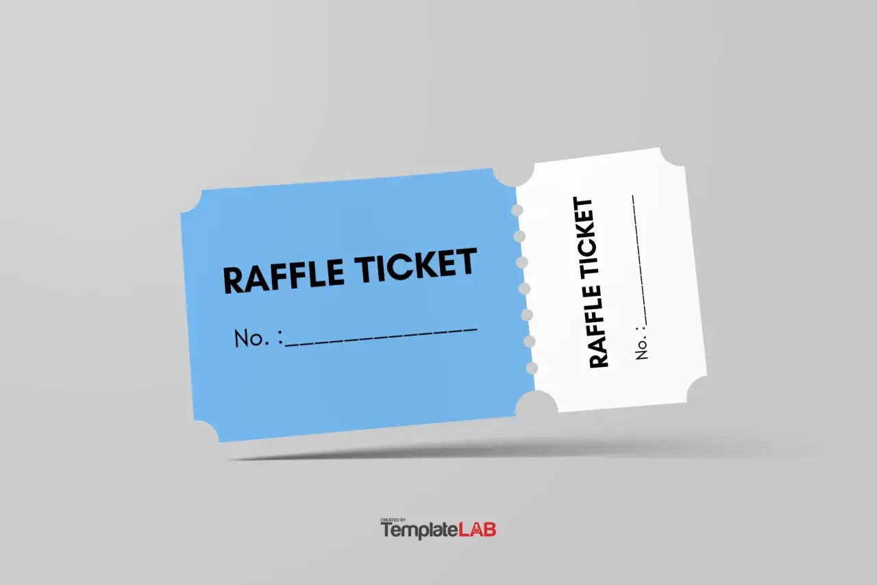 Two raffle ticket templates, one blue and one white, are shown against a light gray background.