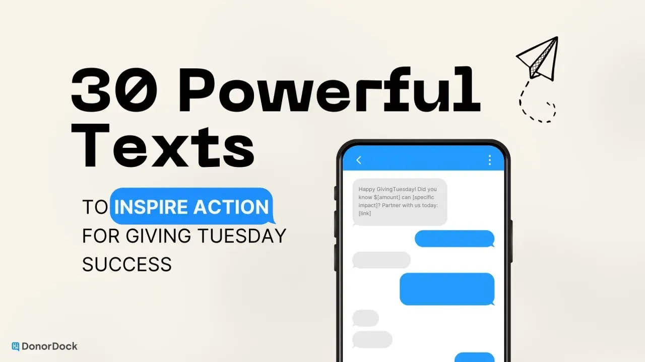 30 powerful text messages to inspire action for Giving Tuesday success. A phone screen shows a sample message.