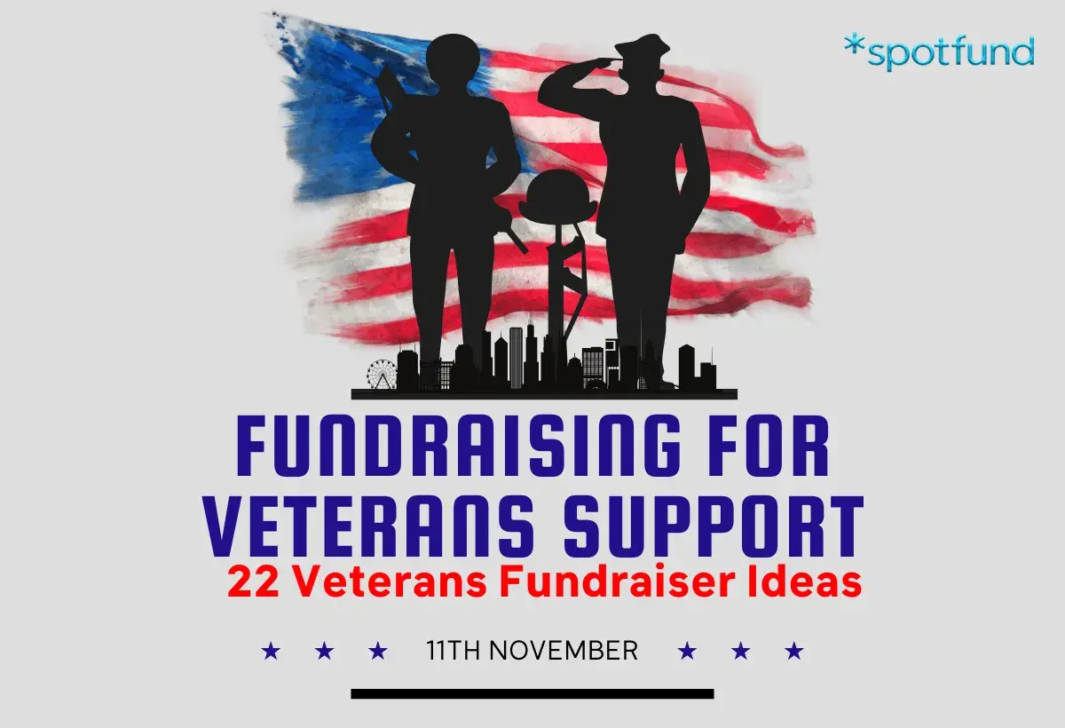 Silhouettes of soldiers salute before an American flag, with city skyline below. "Fundraising for Veterans Support: 22 Veterans Fundraiser Ideas" is displayed.