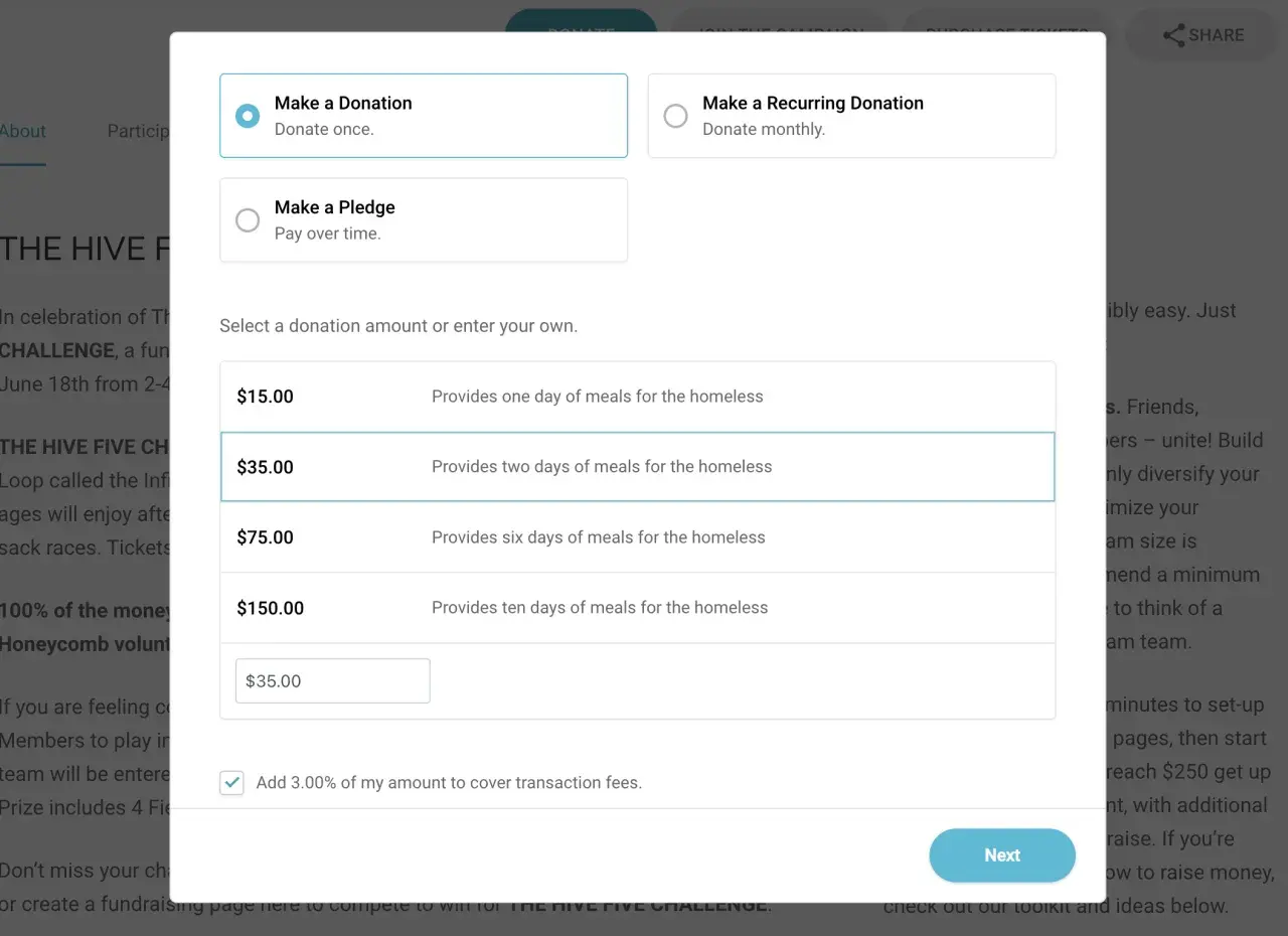 A PayPal donation form for "The Hive Five Challenge" allows users to select donation amounts like $15, $35, $75, or $150 to provide meals for the homeless.