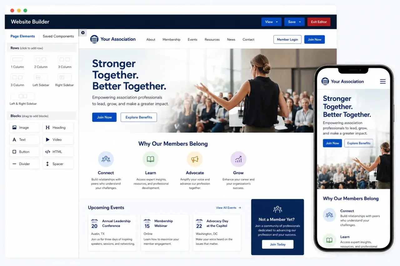 A website builder interface for association website platforms, showing drag-and-drop elements and a preview of a responsive site.