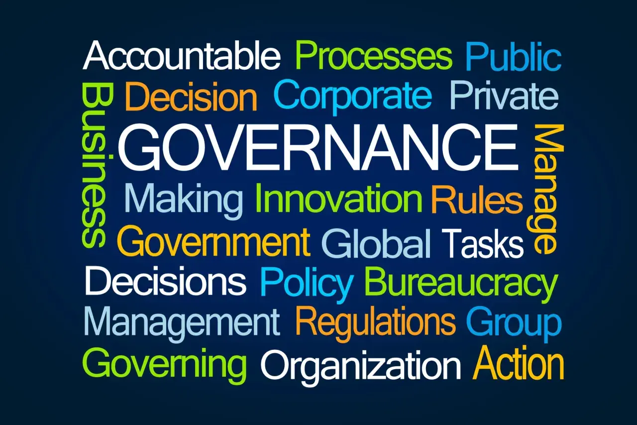 Word cloud illustrating governance team roles and responsibilities, featuring terms like "Accountable," "Decision," "Management," and "Action.
