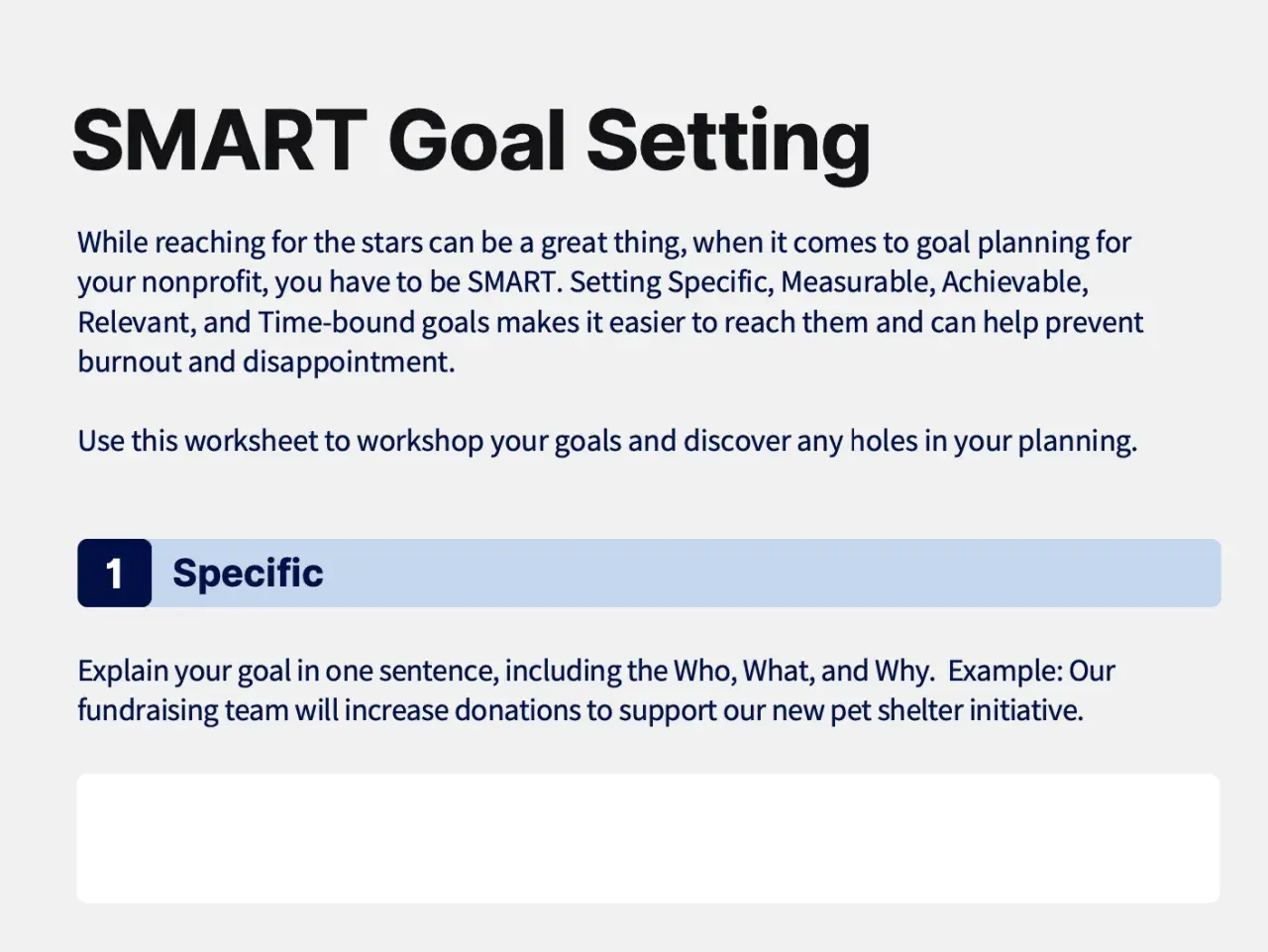 SMART goal setting for nonprofits, with an example of specific fundraising goals for a pet shelter.