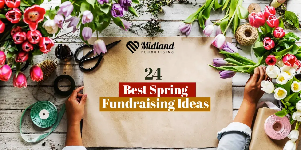 Hands arrange tulips and craft supplies, hinting at creative march fundraising ideas.