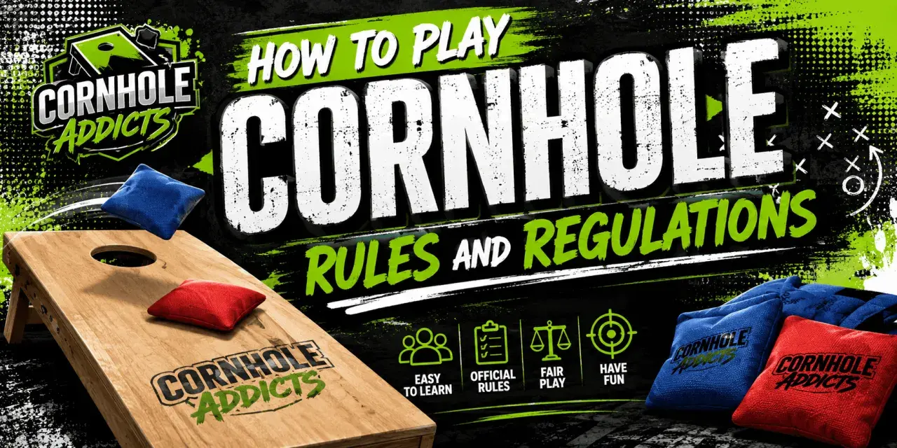 Learn how to run a cornhole tournament with rules and regulations. Image shows boards, bags, and icons for easy play.