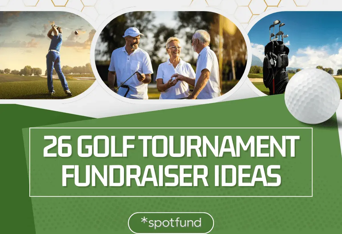 26 golf tournament fundraiser ideas for your next event. Images show golfers, a golf bag, and a golf ball.