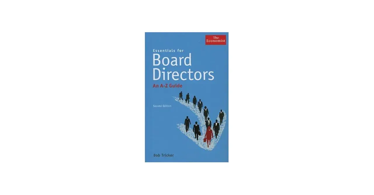 Book cover for "Essentials for Board Directors: An A-Z Guide" by Bob Tricker, featuring silhouettes of people walking in formation.