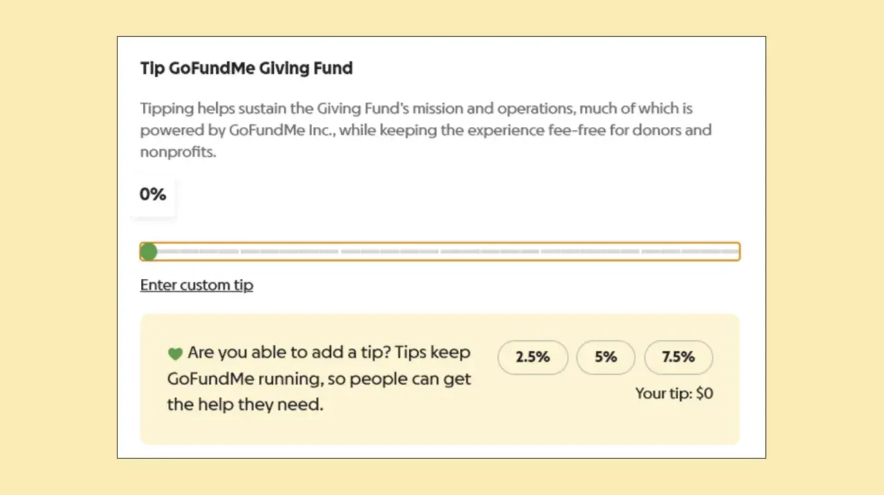 GoFundMe tipping interface showing 0% selected, with options to enter a custom tip or select pre-set percentages.