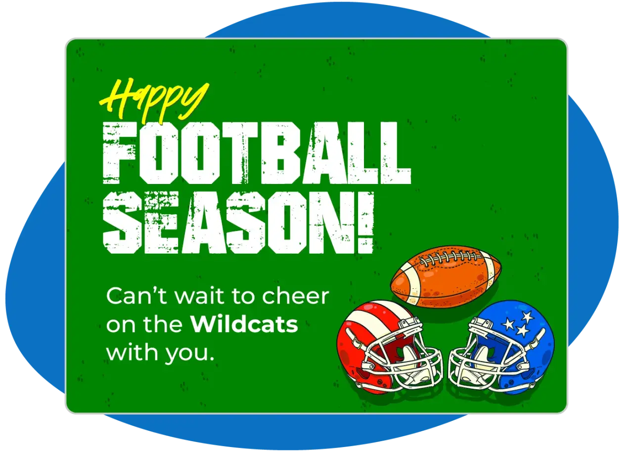 Happy football season! Two helmets and a football are shown, perfect for football fundraising ideas. Go Wildcats!
