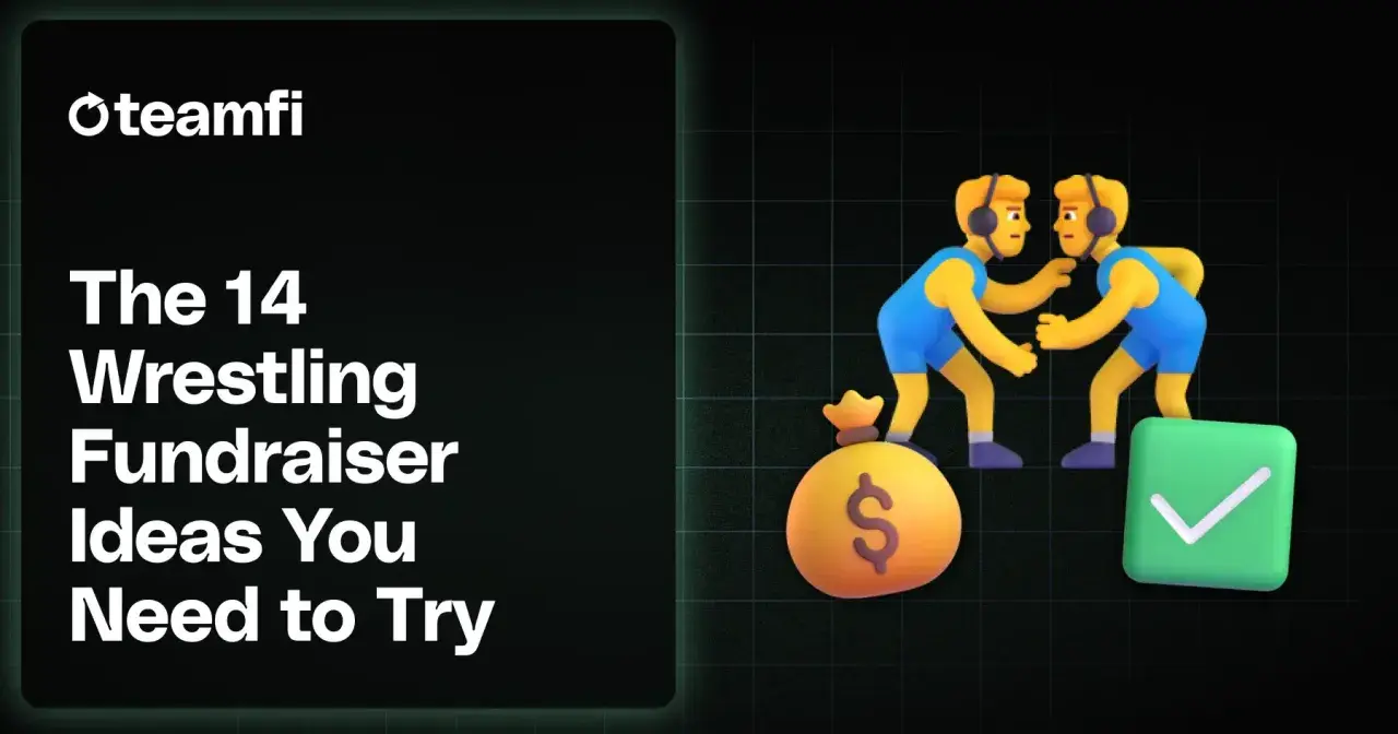 Teamfi presents 14 wrestling fundraiser ideas. Two cartoon wrestlers face off near a money bag and a checkmark, symbolizing successful fundraising.