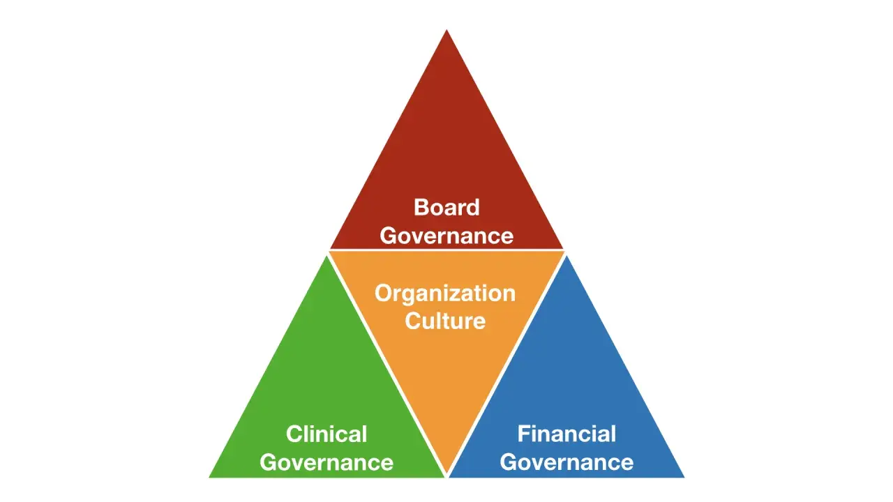 Diagram showing Board Governance at the top, with Organization Culture in the center, and Clinical Governance and Financial Governance at the bottom.