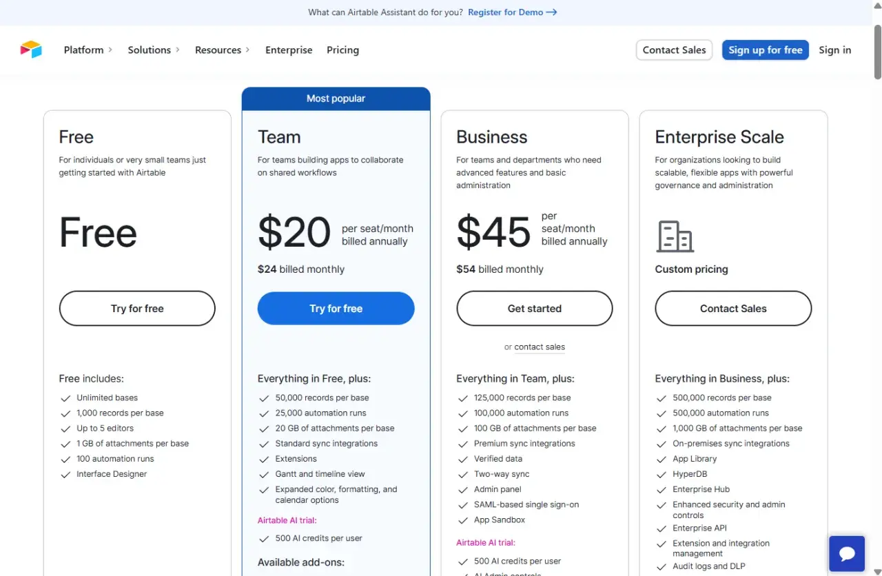 Airtable nonprofit pricing plans: Free, Team ($20/seat/month billed annually), Business ($45/seat/month billed annually), and Enterprise Scale.