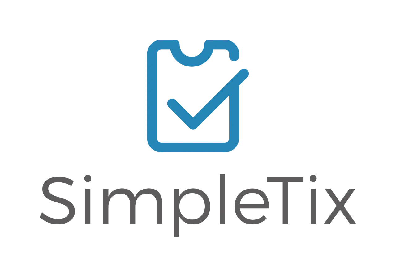 SimpleTix logo: a blue checkmark inside a square outline, with the text "SimpleTix" below.