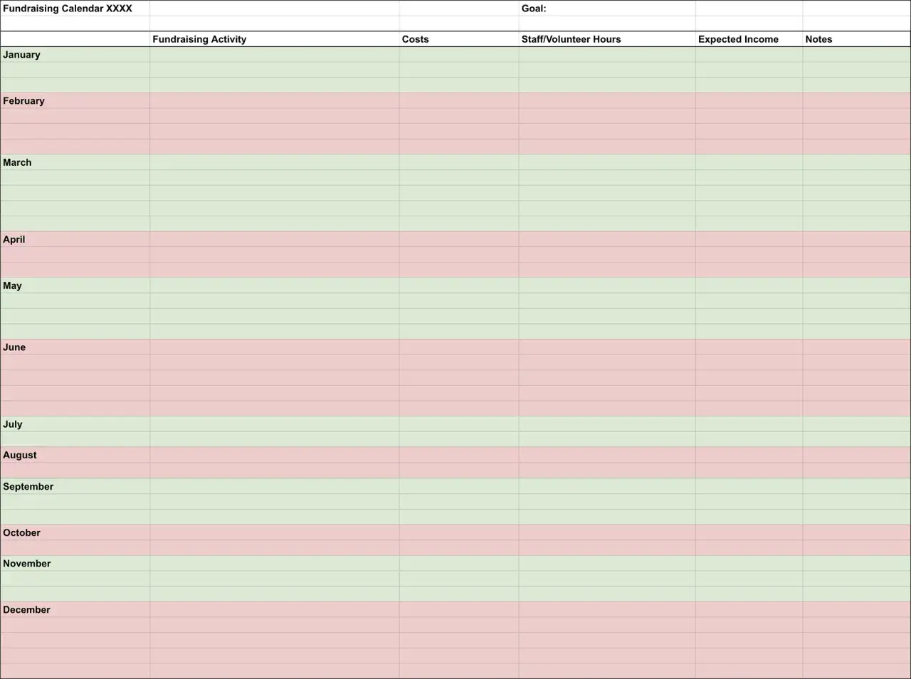 A free fundraising calendar template with columns for activity, costs, staff hours, and income. Plan your year's events!