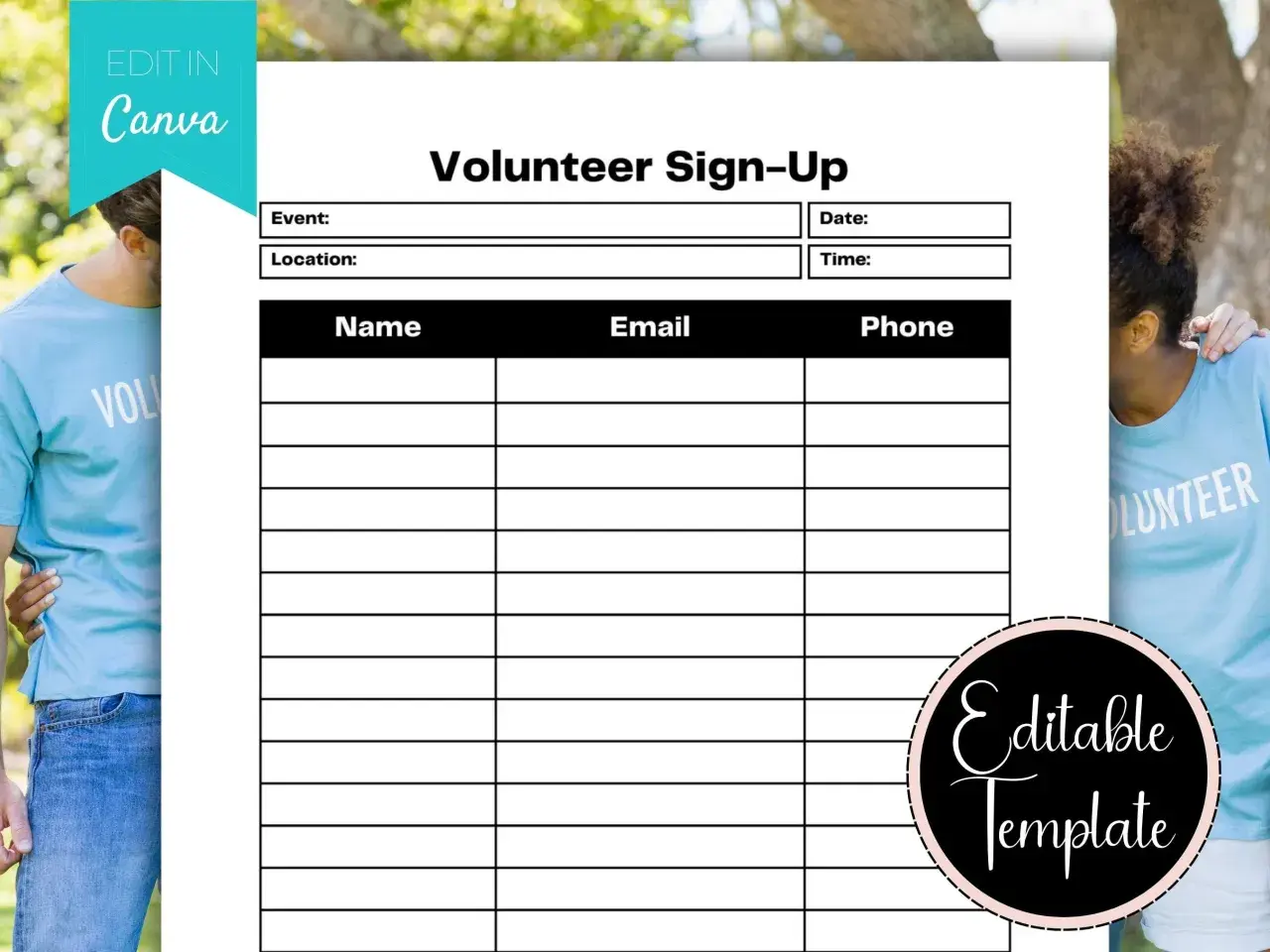 Volunteer sign up sheet template free, with fields for event, date, time, location, name, email, and phone. Editable in Canva.