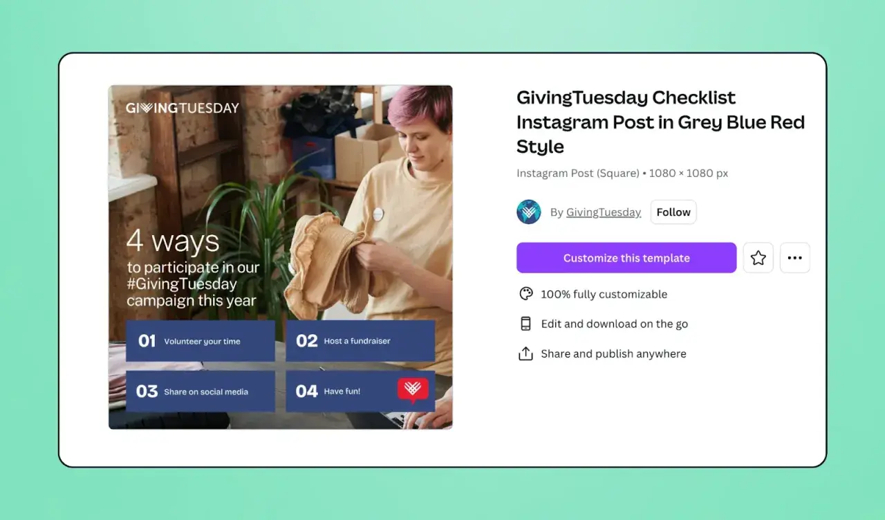 Giving Tuesday video template with 4 ways to participate: volunteer, fundraise, share, and have fun.