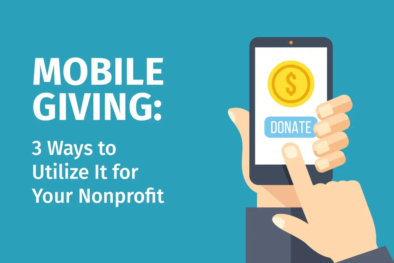 Illustration of a hand holding a smartphone with a "Donate" button and coin icon, promoting mobile donations for nonprofits.