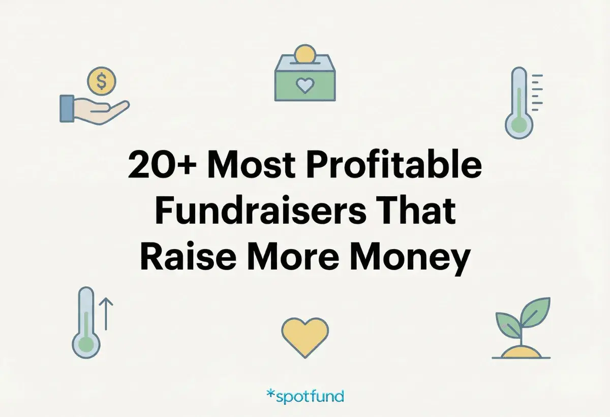 Discover the 20+ most profitable fundraisers that bring in the most money. Icons depict giving, donations, and growth.