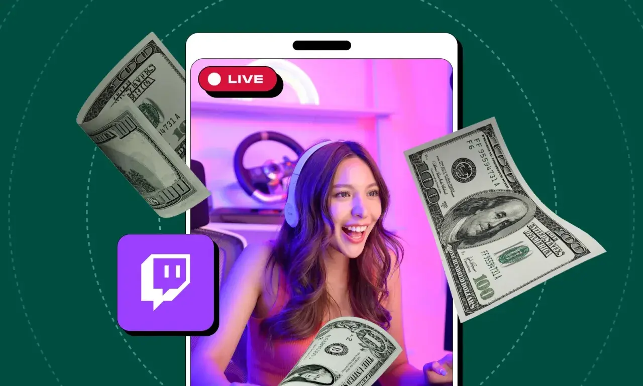 Learn how to set up donations on Twitch with this visual guide featuring a streamer, money, and the Twitch logo.