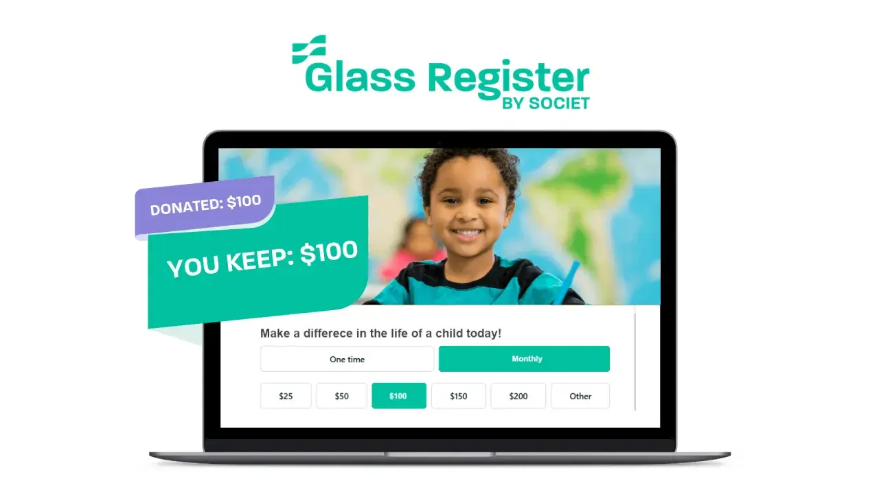 Glass Register by Societ offers free services for nonprofits, showcasing a donation platform with a happy child and clear donation options.