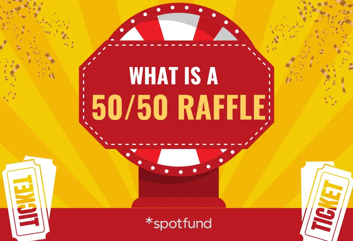 A graphic asks "WHAT IS A 50/50 RAFFLE?" with tickets and confetti, hinting at the legality of 50/50 raffles.