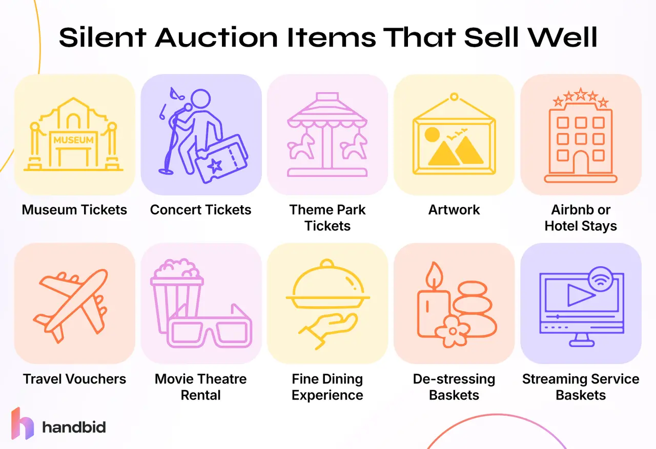 Ideas for silent auction donations: museum, concert, and theme park tickets, artwork, hotel stays, travel vouchers, movie rentals, dining experiences, de-stressing baskets, and streaming services.