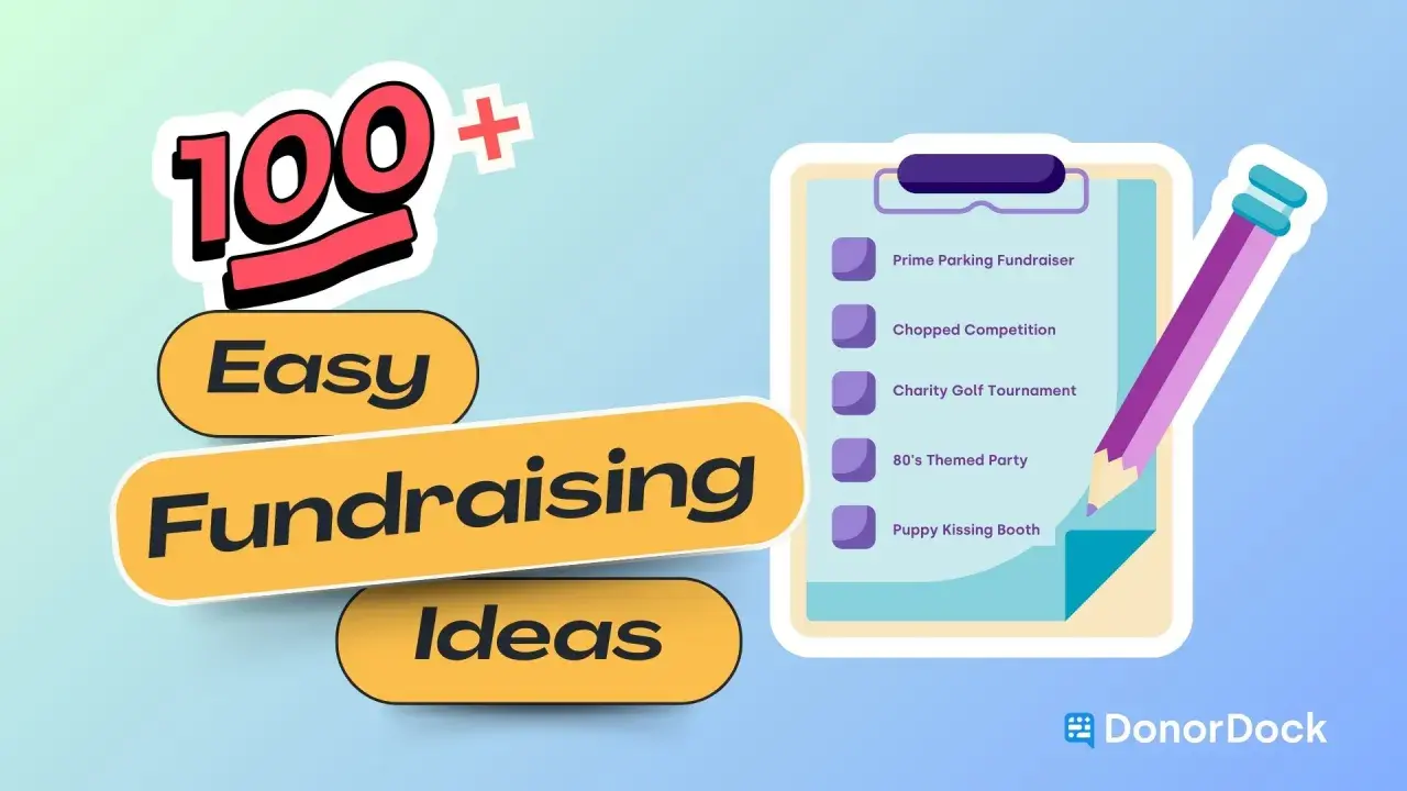 100+ easy fundraising ideas listed on a clipboard, including a prime parking fundraiser and puppy kissing booth.