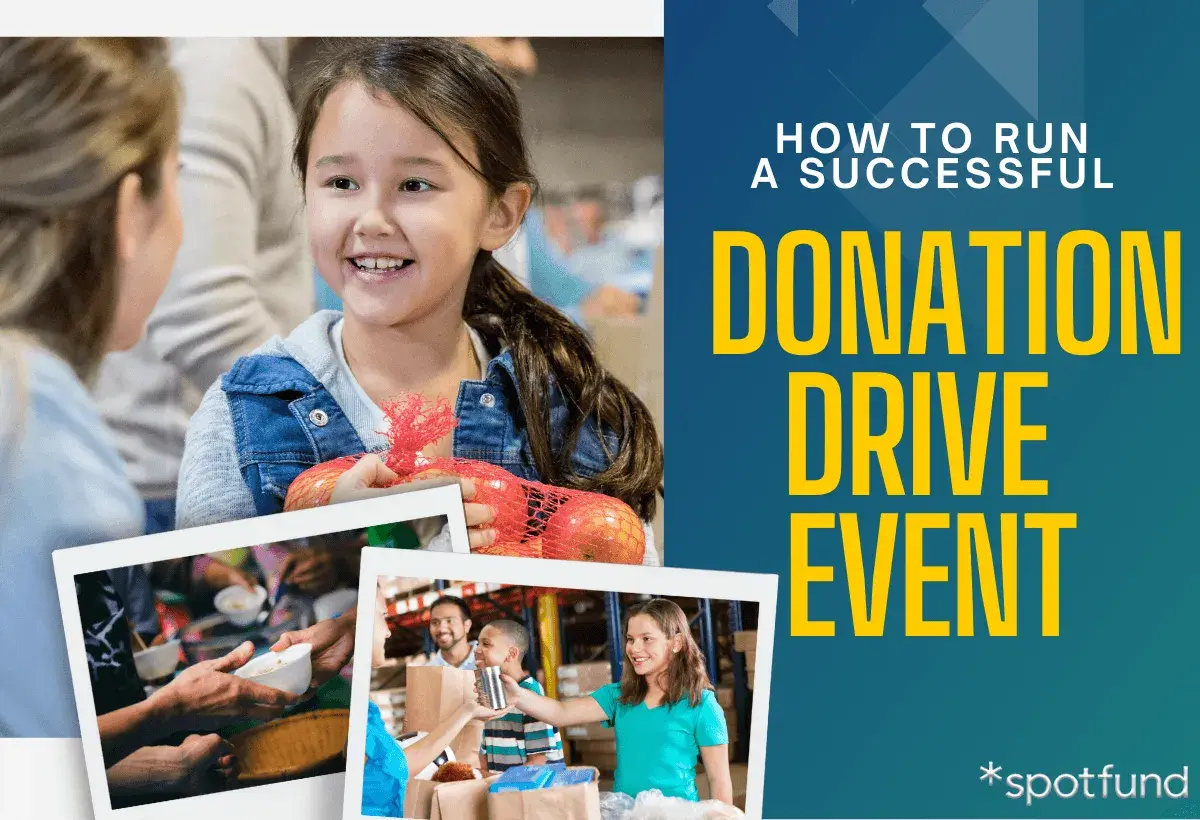 Smiling girl holds apples at a donation drive event. Images show people receiving food and packing donations.