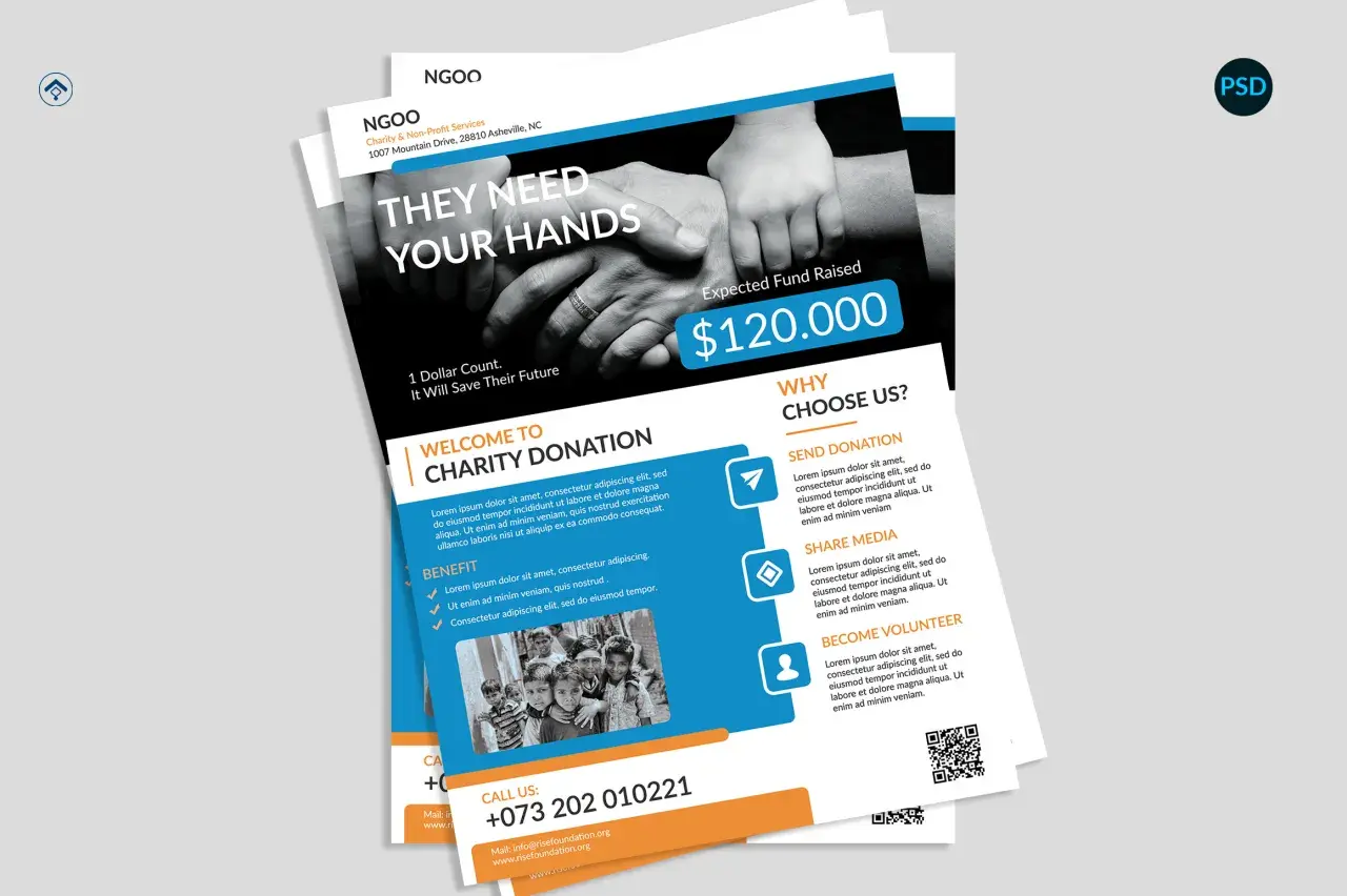 Fundraising graphics for "They Need Your Hands" charity, aiming to raise $120,000. Features hands reaching out and children's faces.