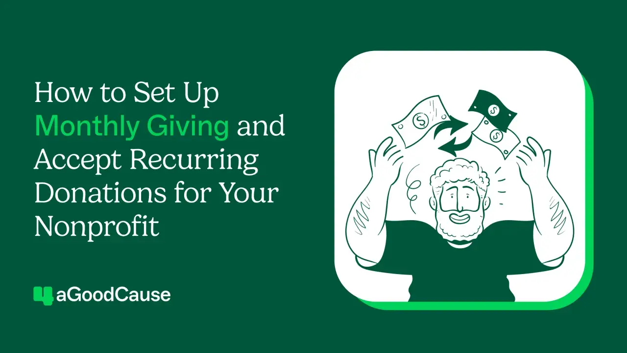 Illustration shows how to set up monthly giving and accept recurring donations, like on GoFundMe. A man happily receives money.