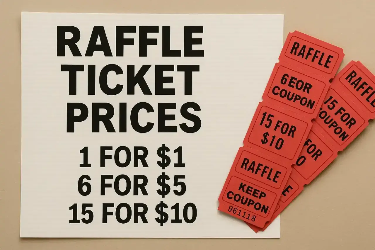 Raffle ticket prices displayed: 1 for $1, 6 for $5, 15 for $10. Red raffle tickets are fanned out.