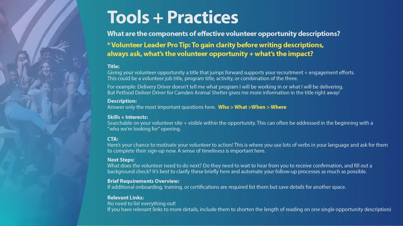 Guide to crafting effective volunteer opportunity descriptions, covering title, description, skills, CTA, and next steps.