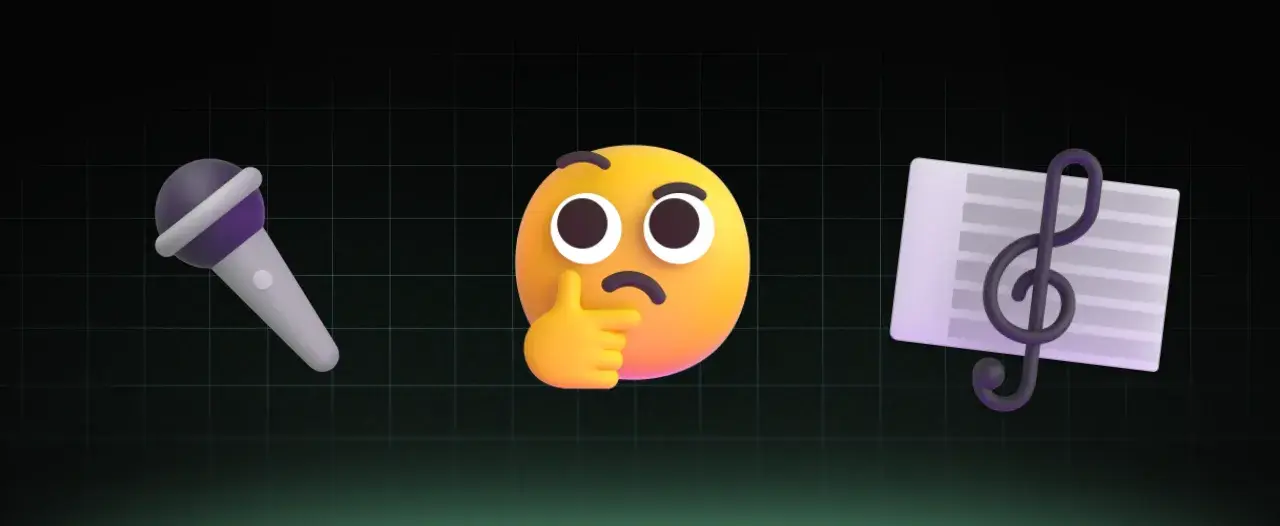 Microphone, thinking emoji, and sheet music. Ideas for choir fundraising are being considered.