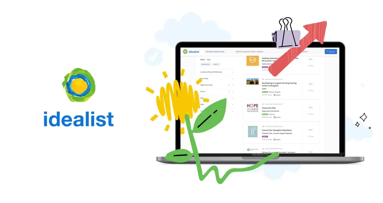 Find online volunteer opportunities on Idealist. The screen shows a laptop displaying various volunteer listings, from remote roles to on-site positions.