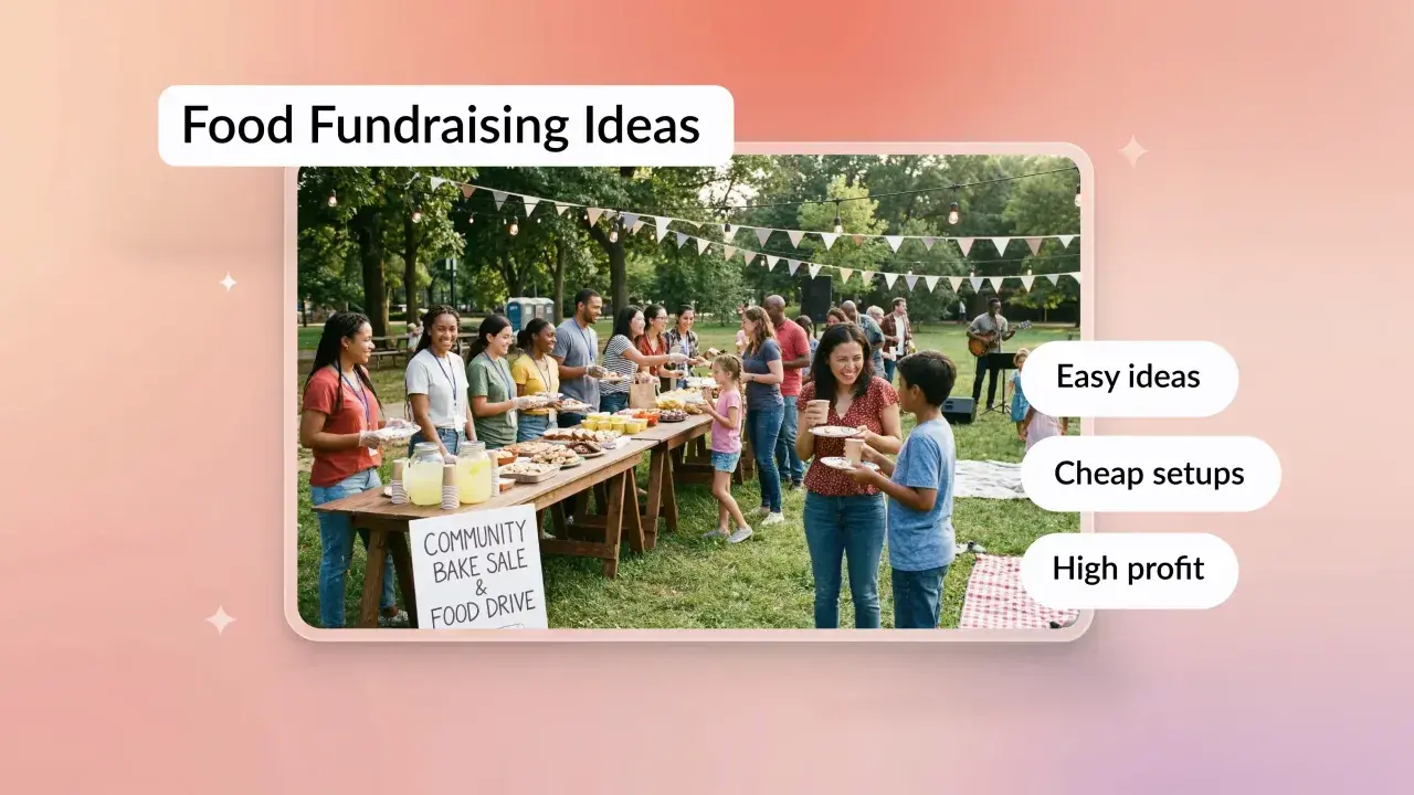 Community bake sale with people serving food. Easy food fundraising ideas for high profit and cheap setups.