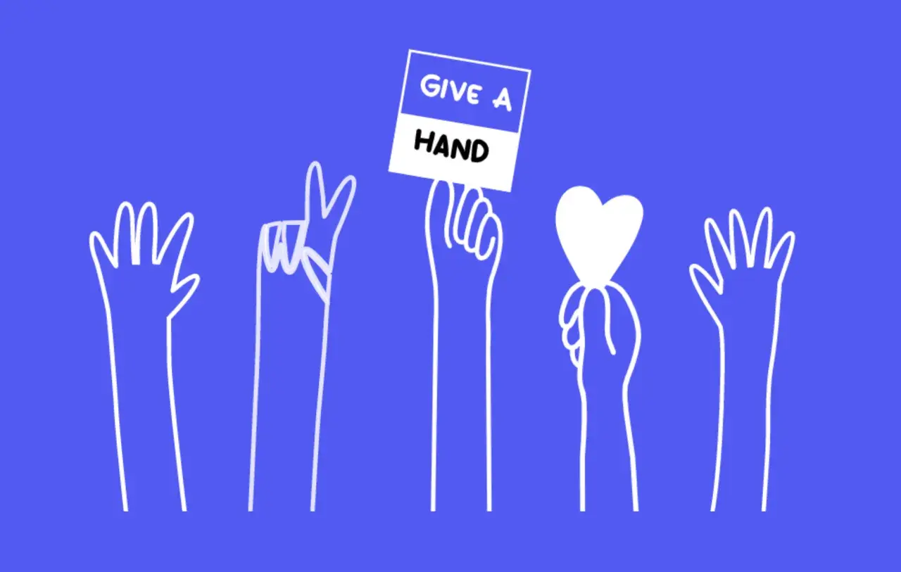 Five white hands reach up against a blue background. One hand holds a sign that says "GIVE A HAND" and another holds a white heart.