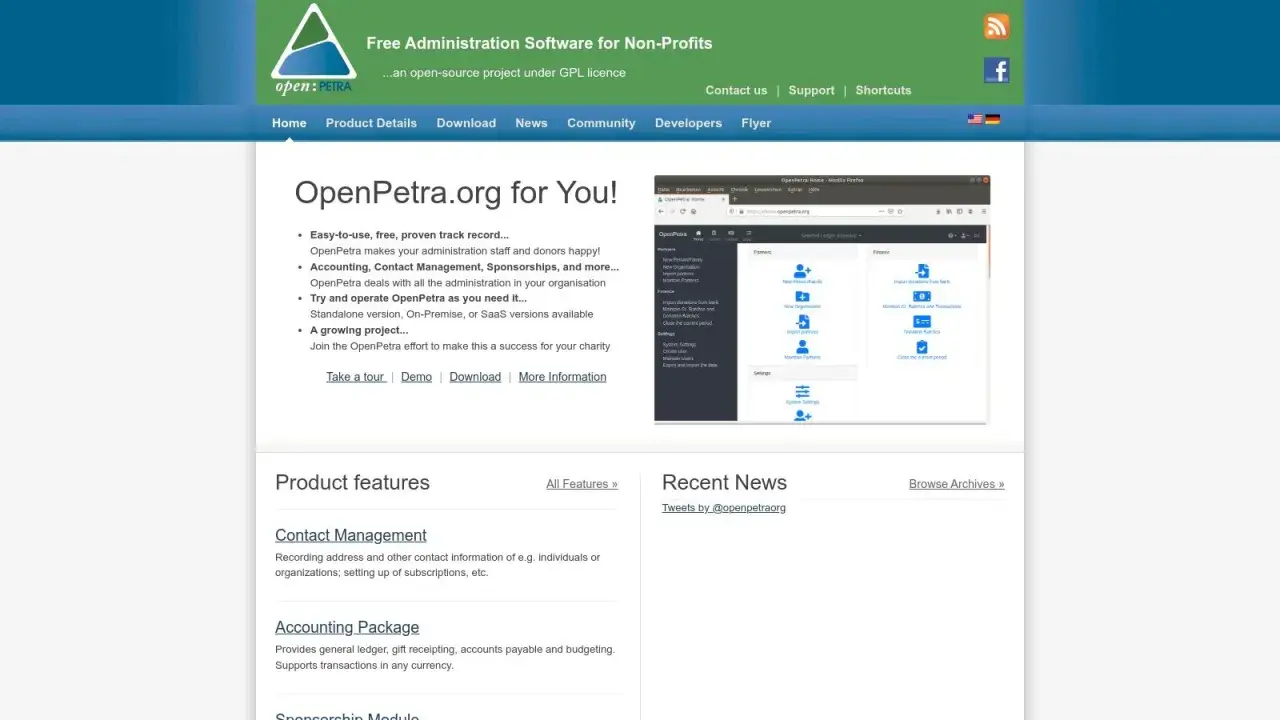 OpenPetra offers free software for nonprofits, managing accounting, contact details, and sponsorships. A demo shows its user-friendly interface.