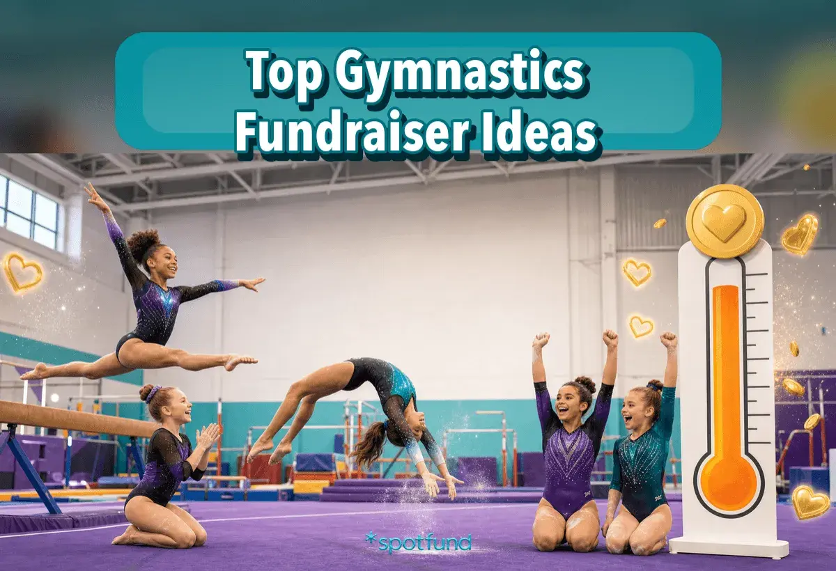 Gymnasts perform while a thermometer graphic shows fundraising progress. Top gymnastics fundraiser ideas are displayed.