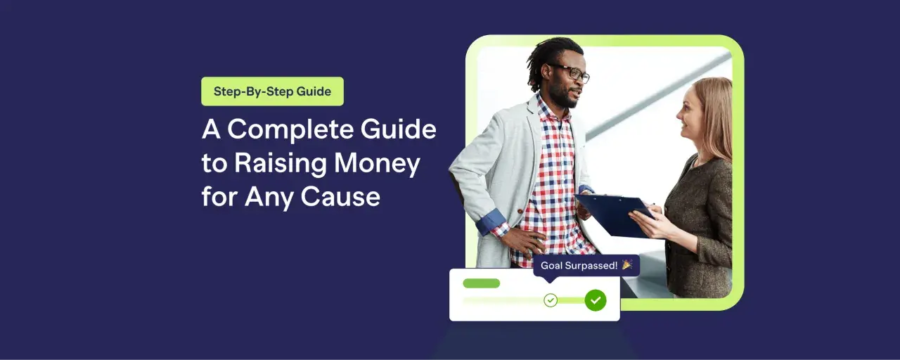 A guide on how to fundraise, showing two people discussing a successful campaign with a "Goal Surpassed!" notification.